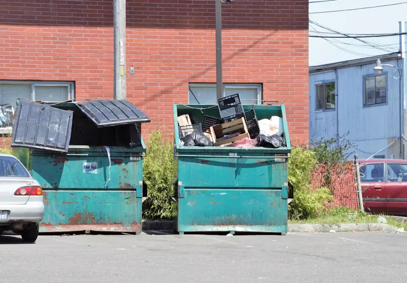 Two green commercial dumpsters beside a brick building